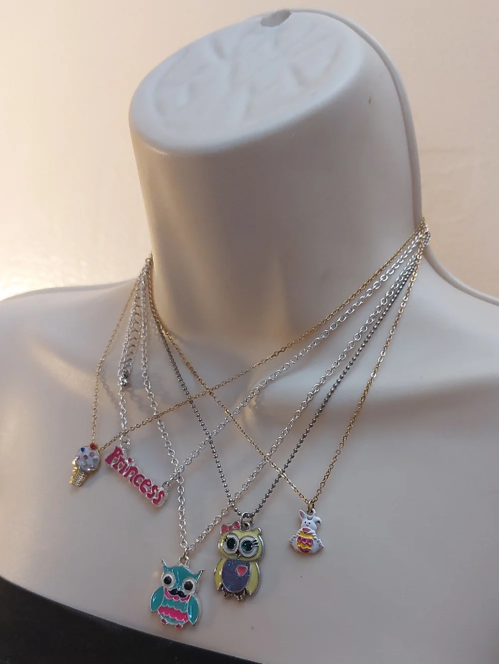 Bundle Lot Of 5 Kids Themed Necklaces Owl Princess Ice Cream Easter Bunny